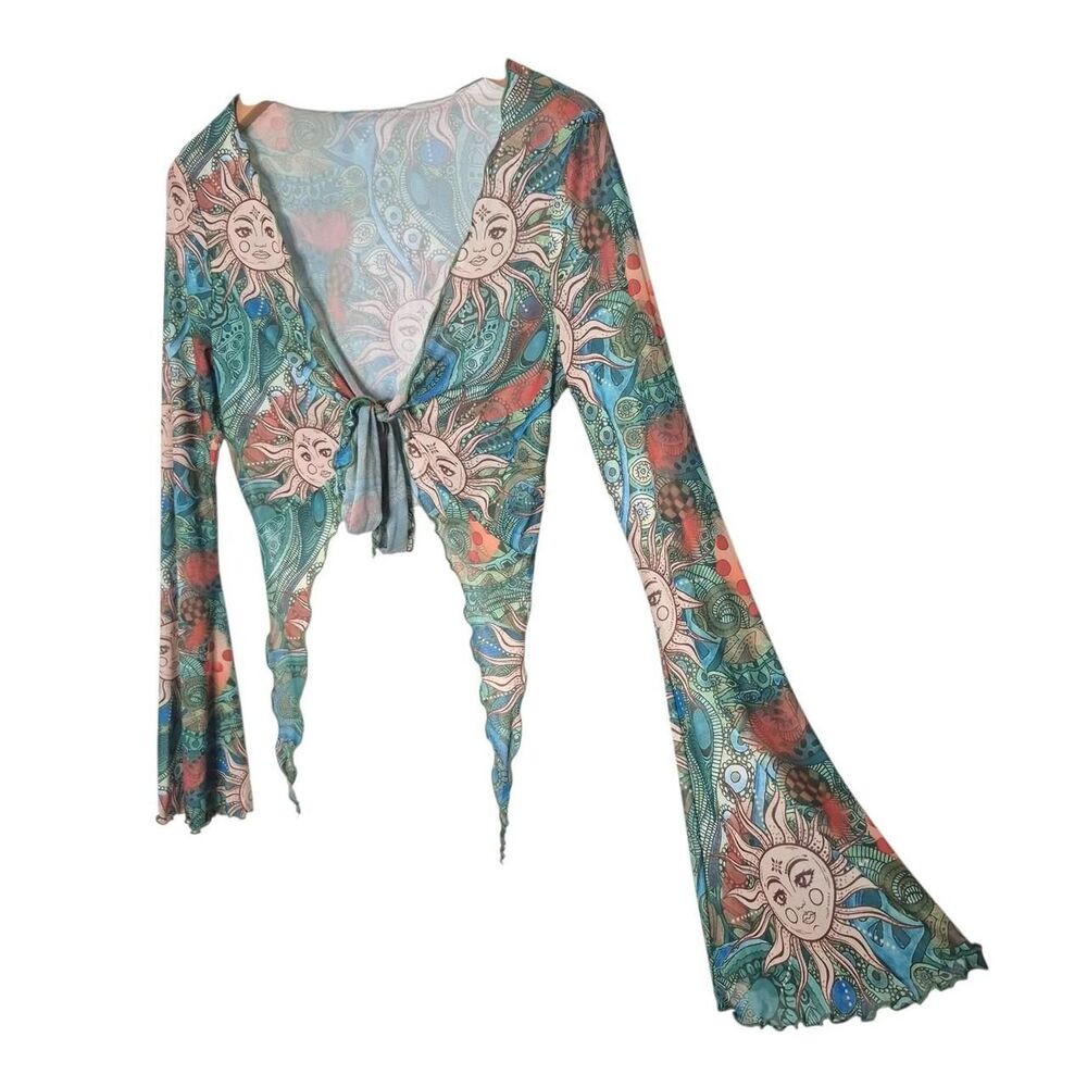 SHEIN Whimsy Celestial Long Sleeve Top Tie Front Bell Sleeves Size Medium